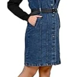Women's Denim Hoodie Dress with Belt Casual Button Front Jean Dress with Long Sleeves & Adjustable Waist-picture-37