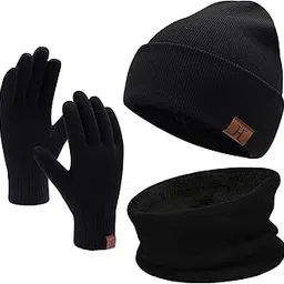 fz fantastic zone Winter Men Beanie Hat, Scarf, Touch Screen Gloves, 3 Pieces Winter Warm Clothing Set For Men, Black, One Size-picture-27
