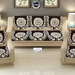 SPIEx-cell Excell loomtex Presents P_24 Coffee Exclusive Royal Look Velvet Sofa Cover Set of Heavy Fabric 500 TC Floral Design 5 Seater Sofa Cover -| Set of 10 Piece |-image-0