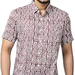 abeo Handcrafted Cotton Short Sleeve Shirt, Rust Block Print Pattern, Classic Collar, Smart Casual Style, 100% Cotton Material image 1