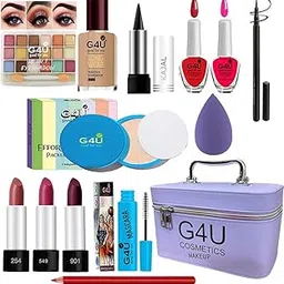 G4U All in One Makeup Kit Gift Set,Eyeshadow,Eyeliner Pen,Foundation,3 Lipsticks,Kajal,Lip Liner,Puff,Mascara,2nail Polish,Compact,Perfect for Party Wedding makeup With Makeup Box(Set Of 14Pcs) ST 34-picture-51