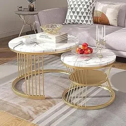SolidGrain Modern Round Coffee Table – Nesting Side Table Set – Wooden Center Table for Living Room, Bedroom, Lounge – Minimalist Space-Saving Design top White Gold| Set of 2-image-4
