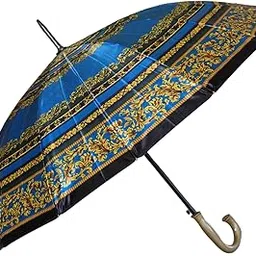 E Basket Luxury Baroque Print Stick Umbrella - Royal Blue & Gold Ornate Design - Premium Gold Hook Handle & Durable Rubber Material Canopy-picture-38