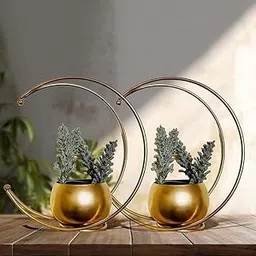 HDI Metal Half Moon Flowers Vase | Gold Finish Diwali Gift Pure Brass Toned Planters Flowers Living Room Entry Balcony Home Office Hallway Garden Guest Bedroom Table Decor (Set of 2)-picture-24