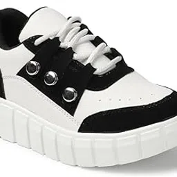 zapatoz Women's Platform Sneakers, Black and White Color Block Design, Chunky Sole Athletic Shoes with Metal Eyelet Details, Casual Fashion Trainers-picture-42