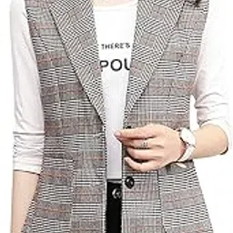 quecy Women's Lapel Plaid Blazer Sleeveless Short Dressy Suit Vest |Lightgrey |S-picture-51