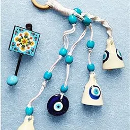 Shopping Shots Macrame Symphony Chimes | 3 Evil Eye (mini) Bells (Height 3 inches) & 1 Glass Made Evil Eye Pendant Hand Knitted with Macrame Threads and Colorful Beads. Ceramic Hook Included-image-30