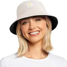 Daisy Bucket Hat, Wide Brim Waterproof Sun Hat with Adjustable Strap, Beige-image-41