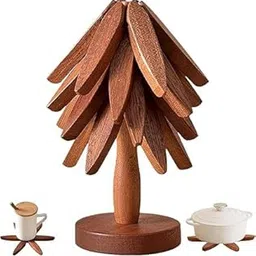 Wooden Tree-Shaped Trivet Set for Hot Dishes, Brown Shisham Wood, 22 cm Height, Set of 4-picture-20