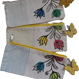 Floral Pencil Design Canvas Pencil Pouch, Set of 3, 23 cm x 11 cm, White with Butterfly Charm-picture-18