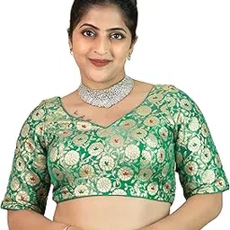 figure's designer Women's Brocade Floral Printed Elbow Half Sleeves Sweet Heart Neck Readymade Saree Blouse Butter Crepe Lining Indian Ethnic Designer Stitched Padded Top Rani Pink Green Maroon Red B7-picture-21