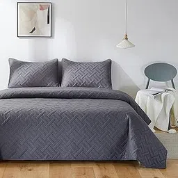 Amazon Brand - Umi 100% Microfiber Ultrasonic 280 Tc Solid King Size Quilted Bed Cover/Bedsheet/Bedspreads with 2 Pillow Covers/Case (Luxury, Grey Mist 90X100 Inches, 250X230 cm)-picture-19