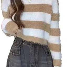 icw Women Striped Knitted Long Sleeve Crew Neck Regular Fit, Winter Wear,Soft Knit Pullover TOP T-Shirt DN59013-picture-31