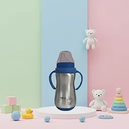 Princy Stainless Steel Sipper Nipple Water Bottle (Leak-Proof, BPA Free, 6+ Months) – Kids Baby Bottle with Handle, Wide Neck, Soft Nipple 300ml (Blue)-picture-23