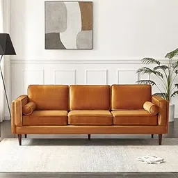 BLACK OAK Lindel''3 Seater Sofa Square Arm Sofa' Three Seater Sofa for Living Room Guest Room Hotels Orange Velvet, 3-Person Sofa-picture-18