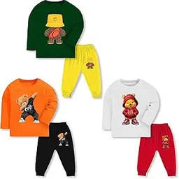 ts lavi tavi Trendy Printed Unisex Cotton Apparel Full Sleeve T-Shirt Pyjama Track Pant Combo for New Born Baby Kids Boy and Girl Clothing Set (Pack of 3) image 1