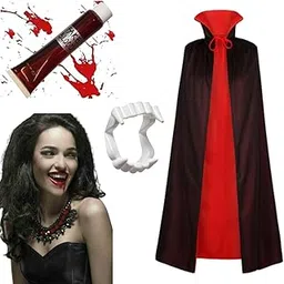 Wanna Party Vampire Costume Set for Adult Teen Unisex-Halloween Reversible Cape, Fangs Teeth, Fake Blood for Costumes, Cosplay, Accessories-picture-30