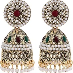 dew mat Traditional Jhumki Earrings, Pearl and Gemstone Studded, Brass and Zinc, Gold-Toned-picture-31
