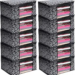 Flower Printed Saree Covers for Cloth Storage & Wardrobe | Transparent Window, Zipper Closure | Black | Pack of 10 | Dustproof, Breathable, Travel & Home Use image 1