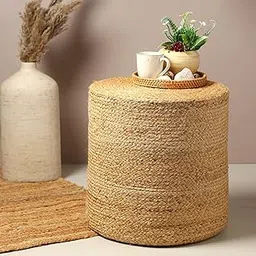 Habere India-All the Cultures Fabricating India Ottoman | pouffe | Ottomans for Living Room | Pouf Stool | Nesting Stool | Jute pouffes for Sitting - Beige, Round (M: Dia40xH41 CM)-image-2
