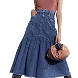 Women Blast Denim Flared Midi Skirt-image-1