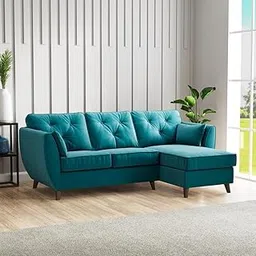 Modern Button Tufted 3 Seater L -Shaped Sofa Tufted Backrest with Decorative Pillows Velvet Fabric Upholstery Wooden Legs Padded Seat Sofa for Living Room. (Teal, RHS)-picture-21