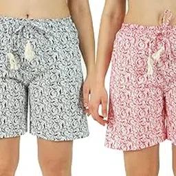 Omney Printed Cotton Casual Trendy Women's Regular Latest Western Ladies Night Wear Sleep Wear Relaxed Fit Casual Shorts Pants/Shorts for Women Wear_Free Size Combo of 2-picture-45