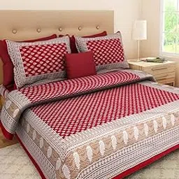 BedZone 100% Cotton Rajasthani Jaipuri Traditional Floral King Size Double Bedsheet with 2 Pillow Covers (Red)-picture-13