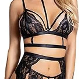 fimbul Women Sexy Lace Floral Two-Piece Lingerie Set Halter V-Neck Sleeveless Bra Top/Garter/Thong Set Lingerie Sleepwear for Woman-picture-29