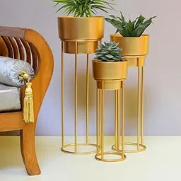 XTIVE DECOR™ Display Metal Floor Flower Stands for Living Room Bedroom Balcony Office Decor, Modern Tall Indoor Planter Pot Stand (Set of 3) Golden-picture-25