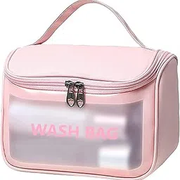 Viulvuk Multi-functional Large Makeup Pouch for Women | Waterproof PVC Cosmetic Bags with Hook for Girls | Toiletry Storage Wash Bag | Travel Organizer for Bath Accessories & Grooming Kit - Pink-image-0