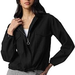 the souled store Cotton Linen Shacket: Carbon Black Women and Girls Long Sleeves Collared Neck Zipper Front Solid Lightweight Regular Fit Casual Summer Shacket-picture-33
