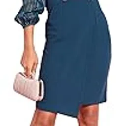 miss chase Women's Teal Shawl Collar Bishop Sleeves Solid Double Breasted Knee Length Dress-picture-46