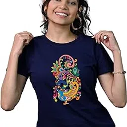 tedhi medhi family Women Cotton Half Sleeve Round Neck Comfort Fit T-Shirt with Kalamkari Art Peacock Design Printed T-Shirt-picture-52