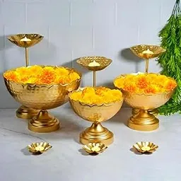 KGN Decorative Taj Bowls Set of 9, Floating Flowers Hammered Urli Candle Stand with Floating Diya Tealights, Diwali Gold Brass rli for Home Decor Office Outdoor Indoor and Festival Decor-picture-16