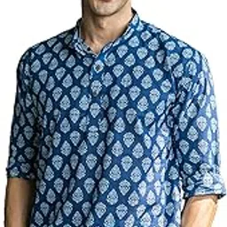 Jaipur Print Cotton Short Kurta for Men, Indigo Blue Color with Floral Print. (S,M,L,XL,XXL,3XL, 4XL, 5XL, 6XL, 7XL, 8XL,9XL,10XL)-image-1