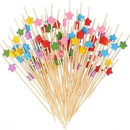 Homestia 100 Pcs Bamboo Star Cocktail Sticks 4.7 Inch Multicolor Appetizing Long Toothpicks Handmade Bamboo Skewer Cocktail Sticks for Fruit Cocktail Dessert Sandwiches Party Decor-image-0