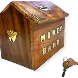 Handicrafted Hut Shape Wooden Piggy Bank for Girls and Boys (Brown) 6 X 4.5 X 3 inch-picture-27