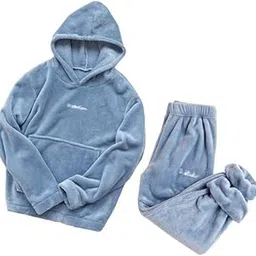cut and style Fleece Pajamas for Women Soft Comfy Fluffy Pajamas Set Pullover Pants Plush Warm Clothes for Winter Sleepwear Pack of 1 Free Size Hoodie and Pocket (28 Till 32) Sky Blue-picture-13