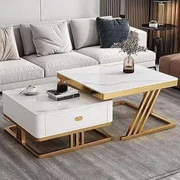 Skaffix Modern Square Stacking Coffee Table Set of Two for Living Room Apartments with Drawers, Wooden Top, Side Table Metal Frame End Table, Center Table, Balcony, or Lounge (White Gold)-picture-17
