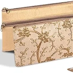 2 Pcs Polyester Hand Purse for Woman with Zip | Lightweight & Compact Ladies Purse/Wallet for Travelling, Party, Wedding & Events | Embroidery Design - Cream-image-73