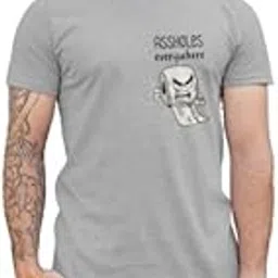 Funny and Sarcastic Pocket Size Printed Light Grey Melange Round Neck Unisex Cotton T-Shirt-image-31