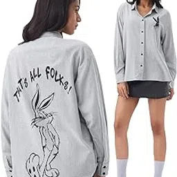 the souled store Looney Tunes: Trippy Folks Women and Girls Full Sleeves Spread Collar Stripes Graphic Printed Cotton Viscose Blend Oversized Fit Lightweight Comfortable Boyfriend Shirt-picture-49
