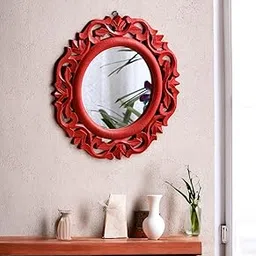 THE URBAN STORE Wall Mirror Wooden Red Color 14"x14" Pack of One French Style Elegantly Hand Crafted Floral Carving Mirror for Home and Office Decor TUSMR20-image-18