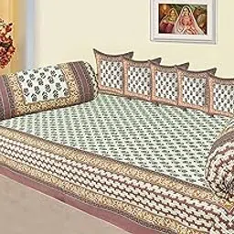 SkyKross - Everyday A New Thing Veda Cream Special Floral Pure & Soft Cotton Diwan Cover Set |8 Pcs Set - 5 Cushion Cover,2 Bolster Cover,1 Bedsheet (Brown)-image-54