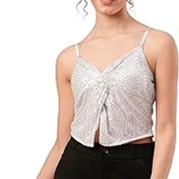 Globus Women Sweetheart Neck Shoulder Straps Twisted Detail Sequinned Crop Party Top-image-4