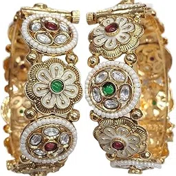 Rajwadi Screw Kada Gold Plated Wedding Bridal Meenakari Pearl AD Stone Kada Set of 2 for women and girls-image-1