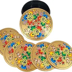 A.PEER Handcrafted Kashmiri Papier Mache Coasters, Traditional Floral Design, Gold Base with Multicolor Pattern, Round Shape, Set of 6-picture-51