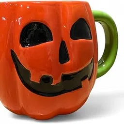 Halloween Pumpkin Coffee Mug with Green Handle, Ceramic Jack O'Lantern Design, Orange image 1