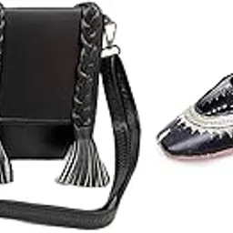 Black Zari Women's Rajasthani Embroidered Pure Leather Punjabi Jutti Mojaris Flats Shoes with PU Leather Shoulder Crossbody Bag for Girls & Women's-image-18